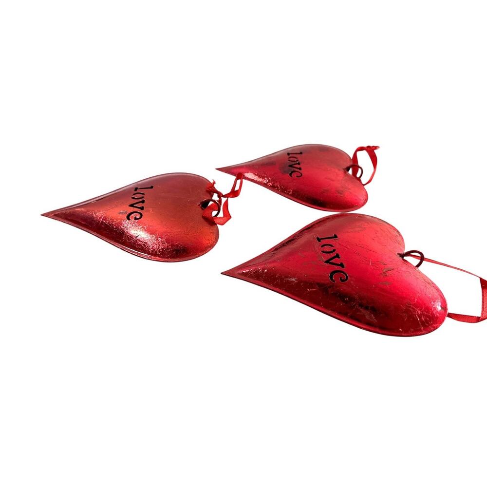 Set of 3 Red Metal Love Heart Hanging Ornaments Rustic Valentine 4.5” - Picture 3 of 6